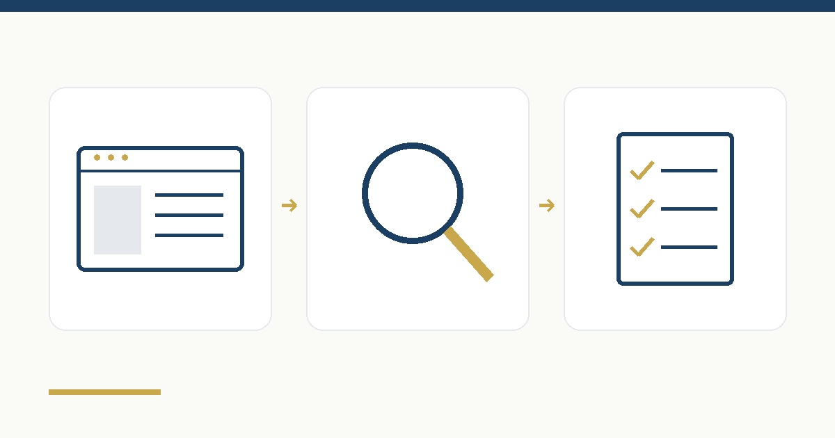 SEO review represented by a website, a magnifying glass and a checklist.