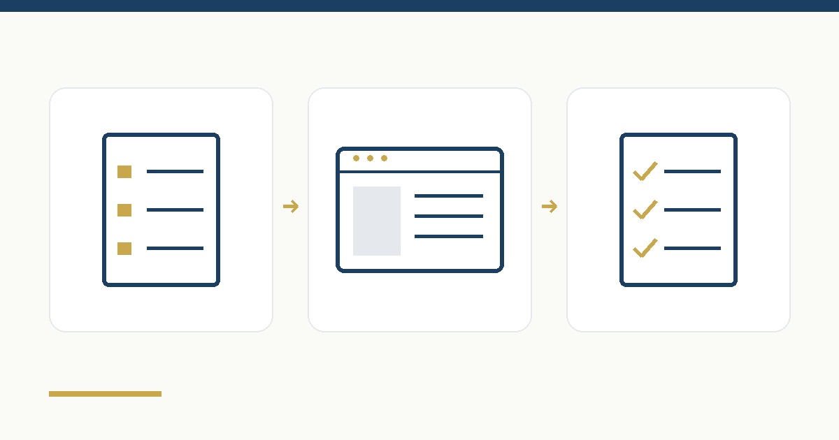 Website planning represented by a brief, a browser window and an approval checklist.